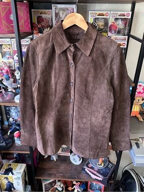 Vintage Women’s Chocolate Brown Leather Button Up Shirt Jacket Petite M